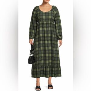 Terra & Sky Sweetheart Neck Raglan Maxi Dress Plus Size 1X Green Plaid Peasant